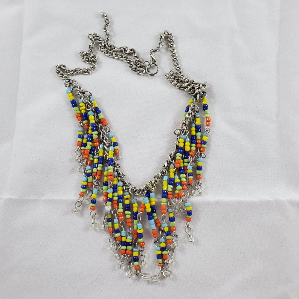Boho necklace vintage beaded colorful rainbow silver